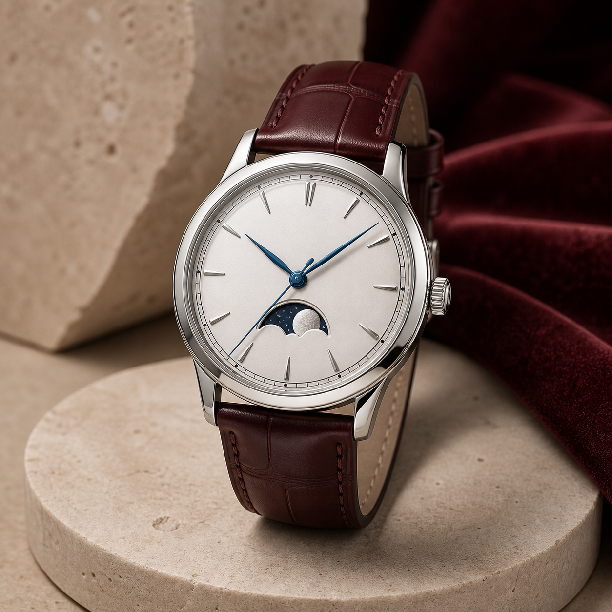 Aurora Moonphase watch with a pearl dial, moonphase aperture, and burgundy leather strap.