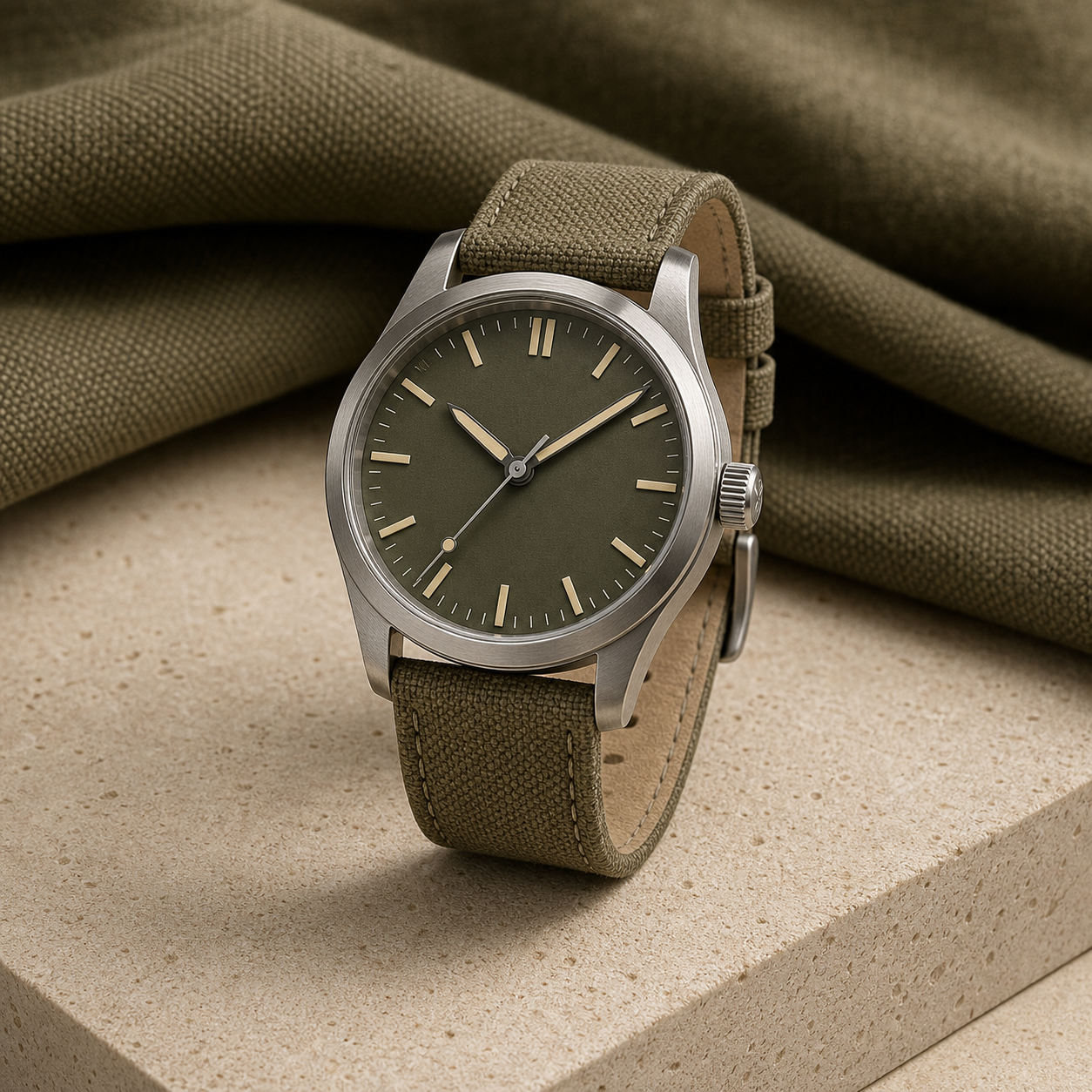 Fieldstone Automatic field watch with an olive dial and khaki canvas strap.