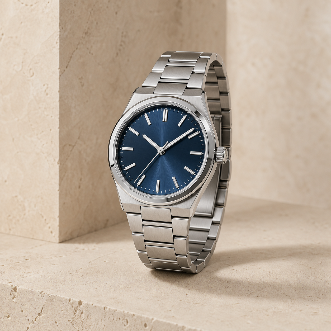Meridian 39 stainless steel watch with a blue dial and steel bracelet.