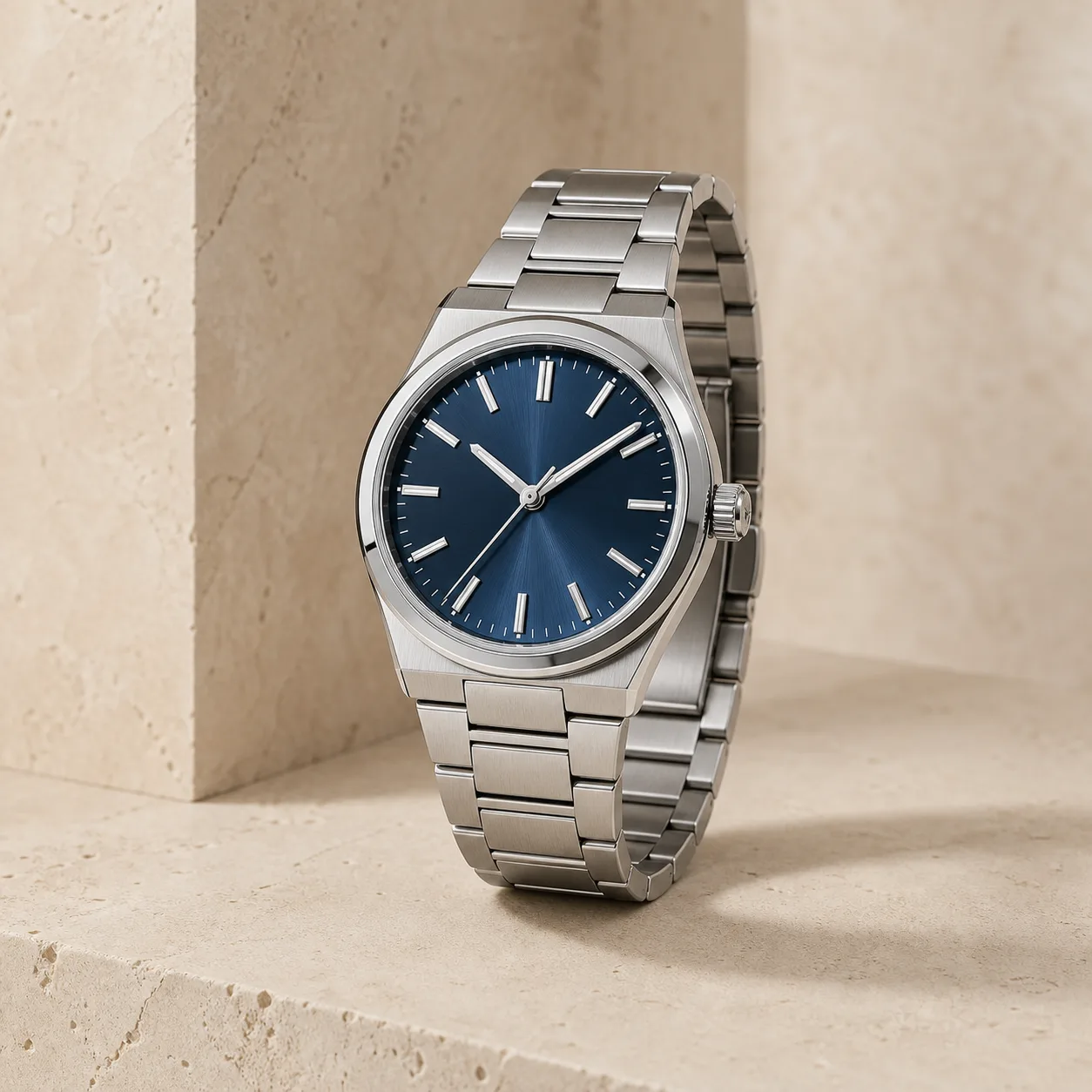 Meridian 39 stainless steel watch with a blue dial and steel bracelet.