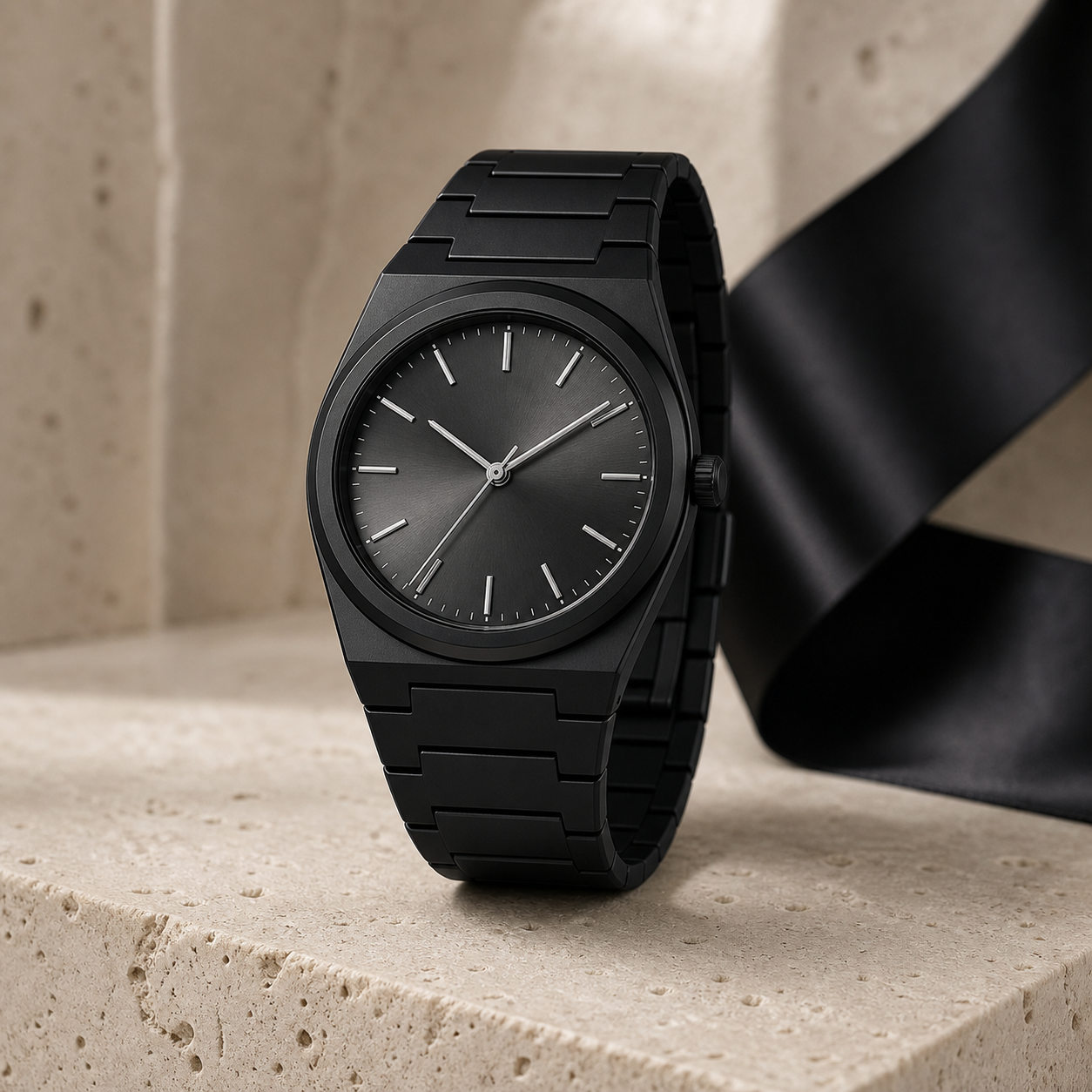 Nocturne Ceramic black watch with a graphite dial and integrated black bracelet.