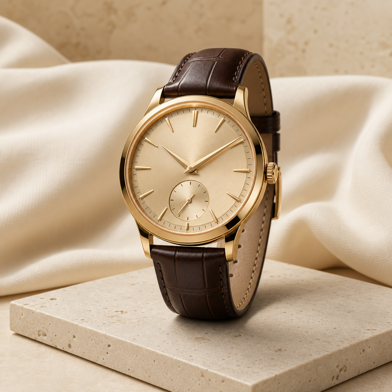 Solstice Gold dress watch with a champagne dial and brown leather strap.