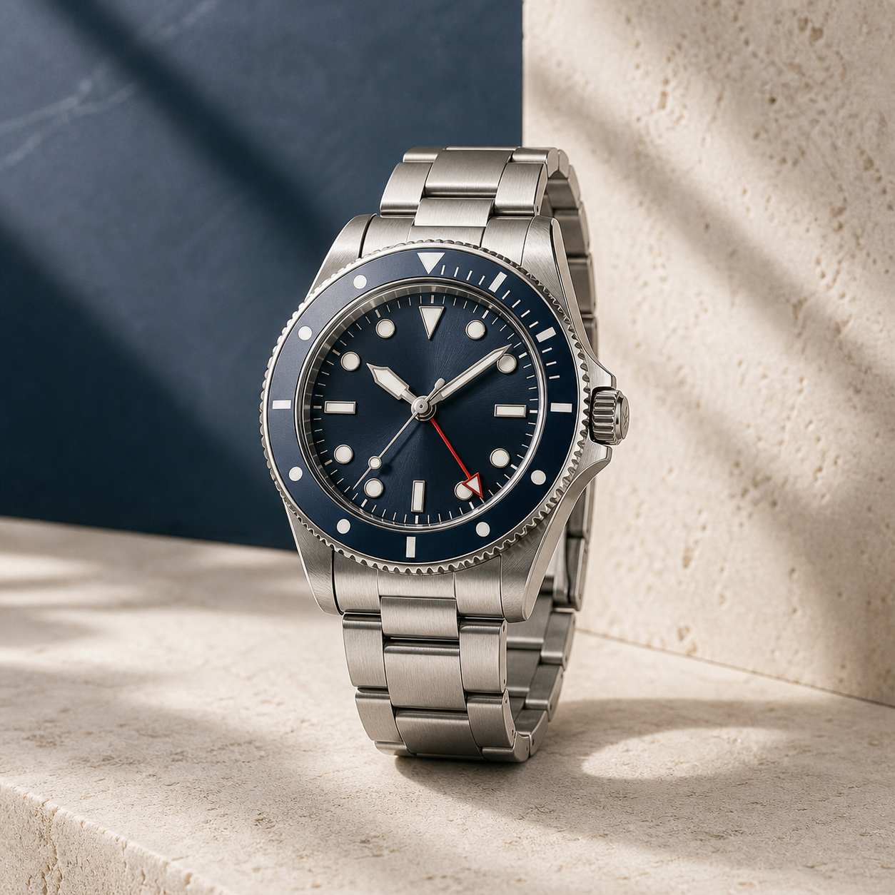 Tide GMT stainless steel travel watch with a navy dial and steel bracelet.