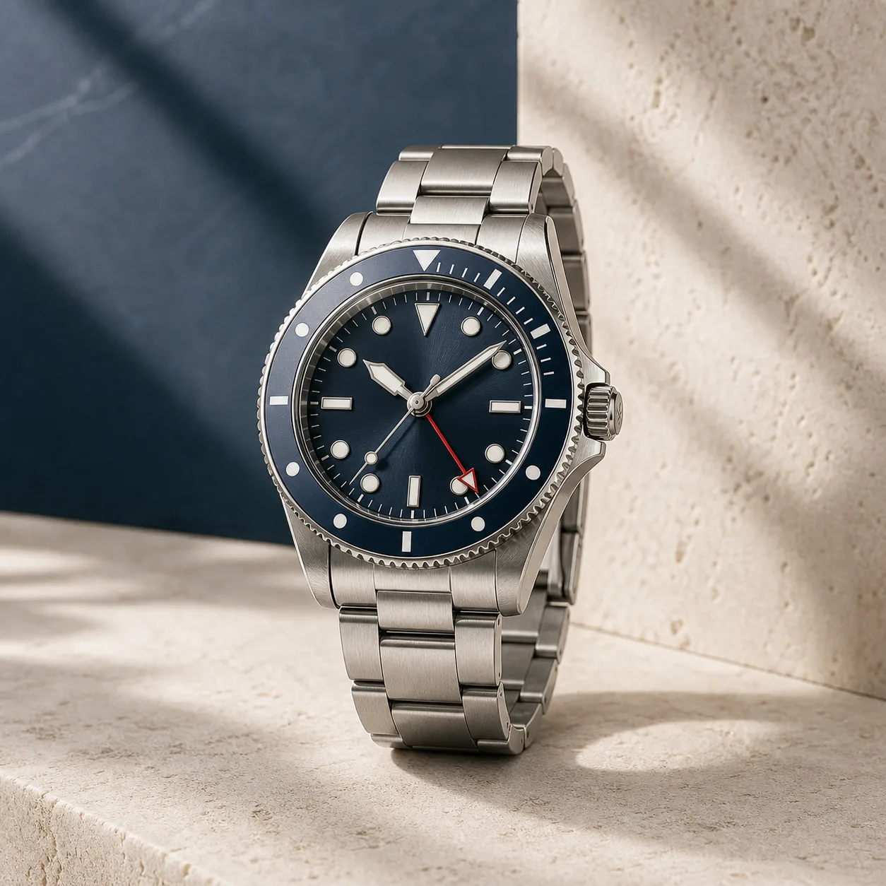 Tide GMT stainless steel travel watch with a navy dial and steel bracelet.